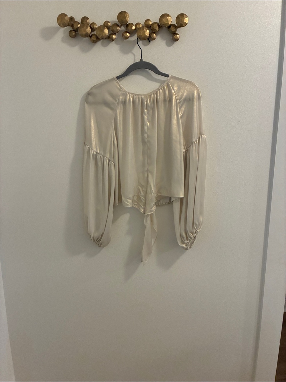 Gianni Bini Cream Satin Tie-Front Balloon Sleeve Blouse